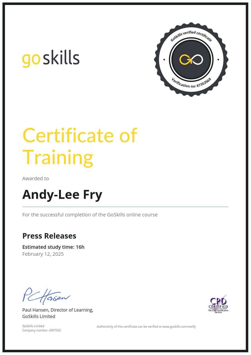Certificate of Training