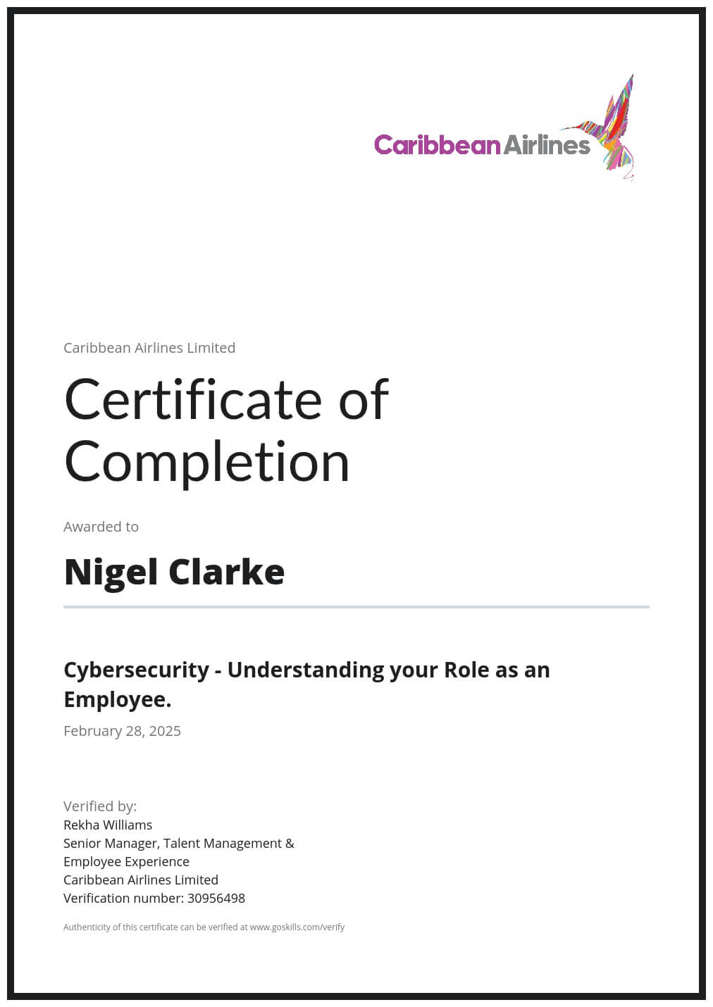 Certificate of Training