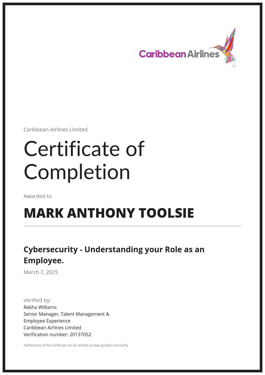 Certificate of Training