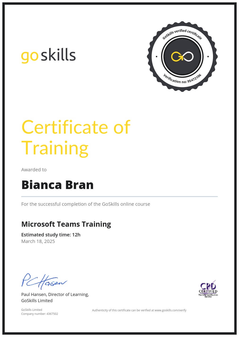 Certificate of Training