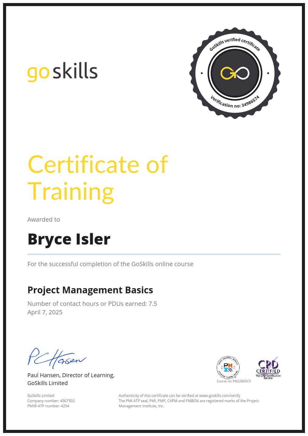 Certificate of Training