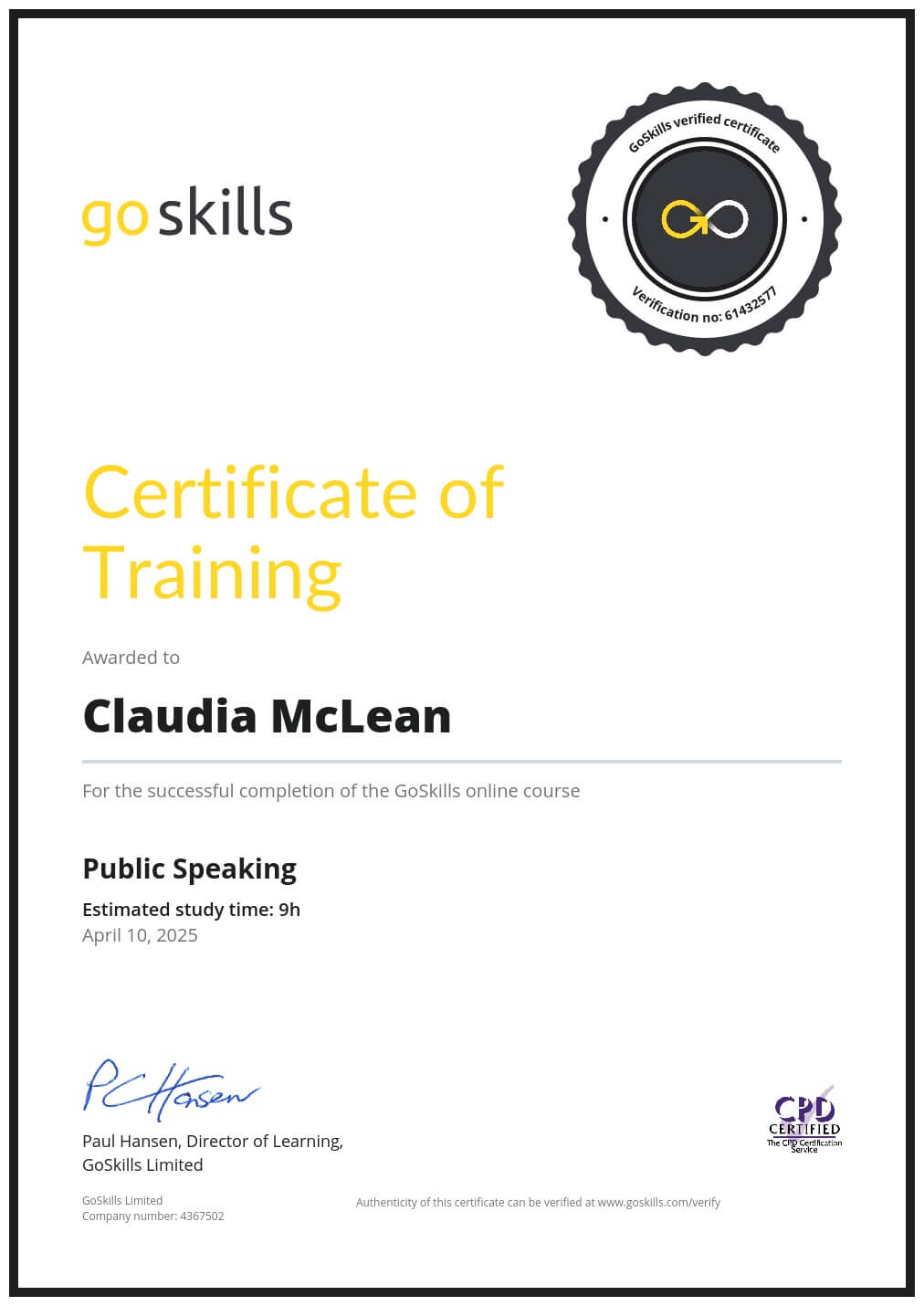 Certificate of Training
