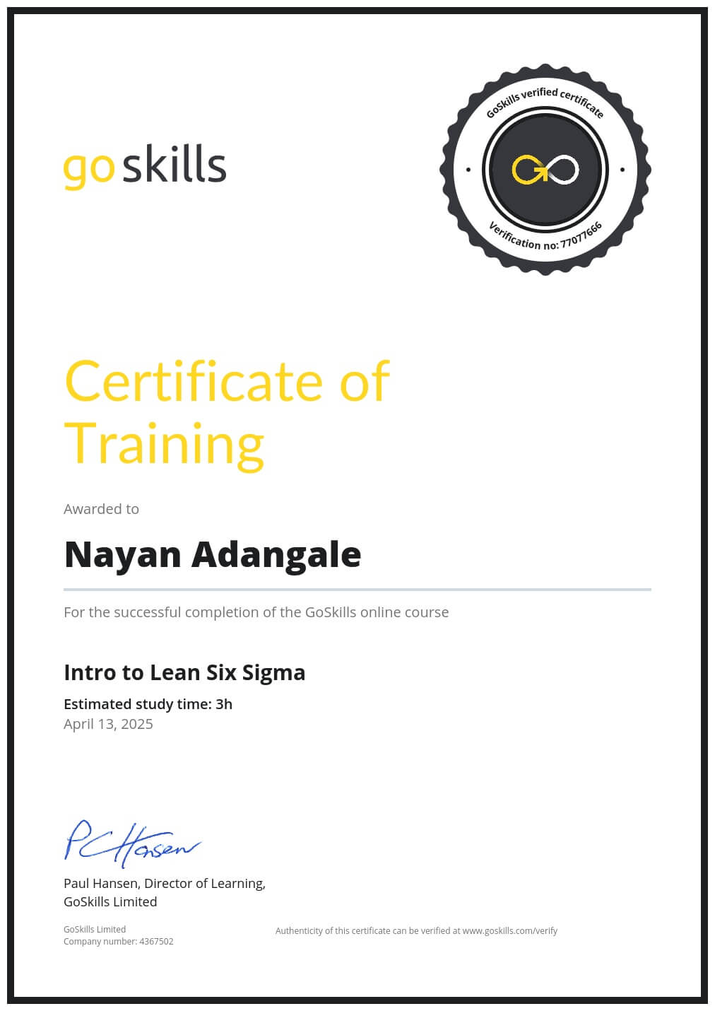 Certificate of Training