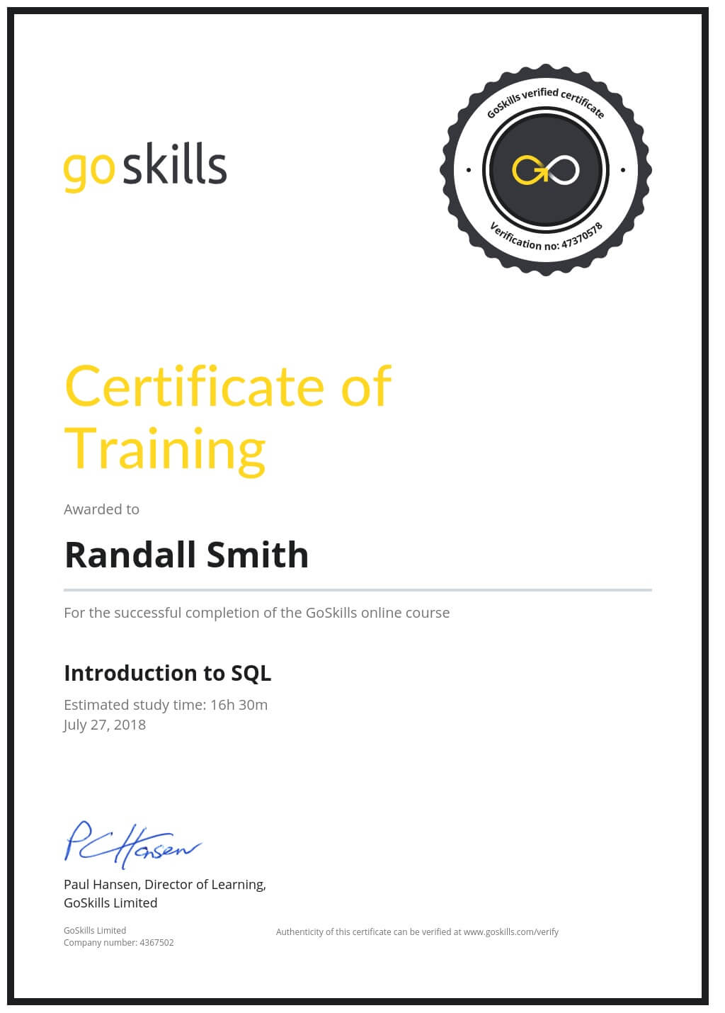 Certificate of Training