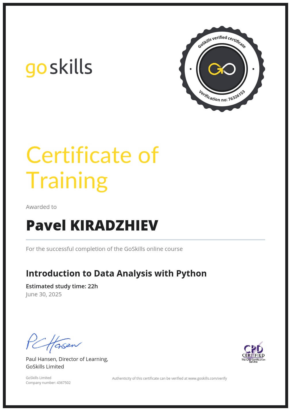 Certificate of Training