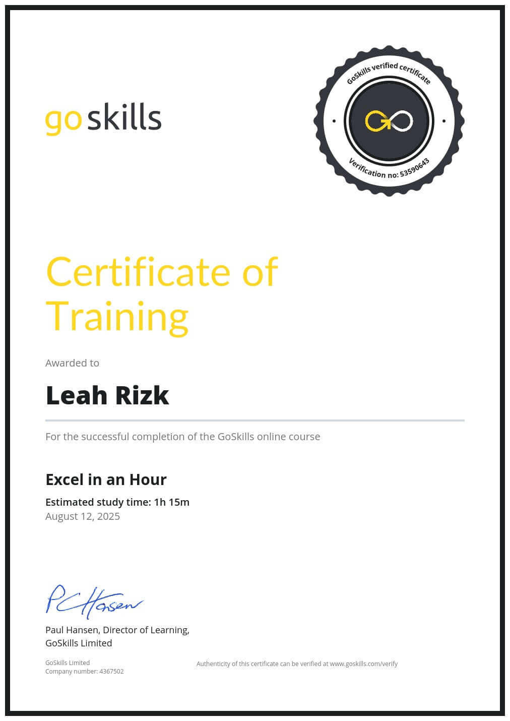 Certificate of Training