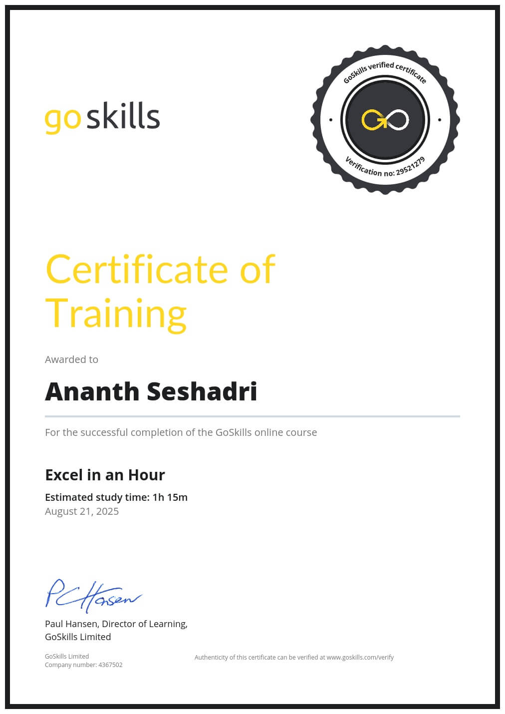 Certificate of Training