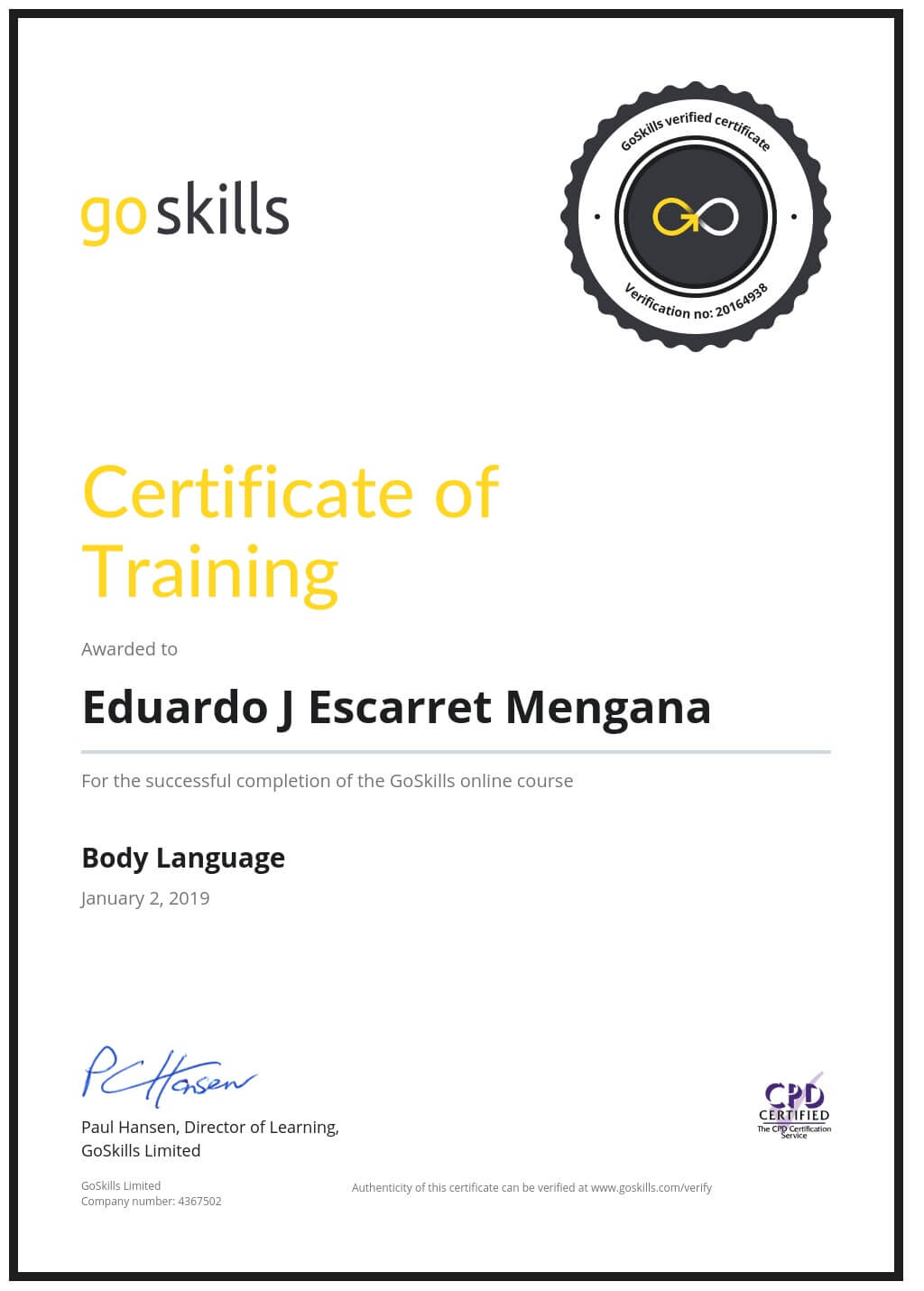 Certificate of Training