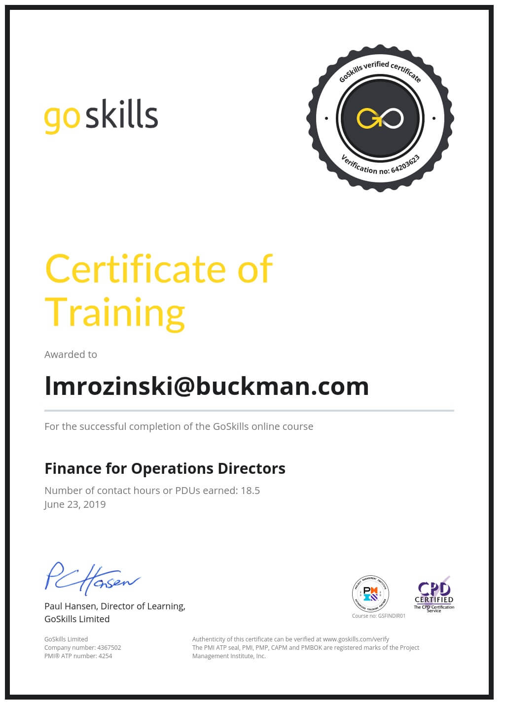Certificate of Training