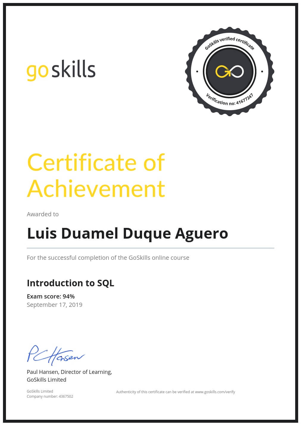 Certificate of Achievement