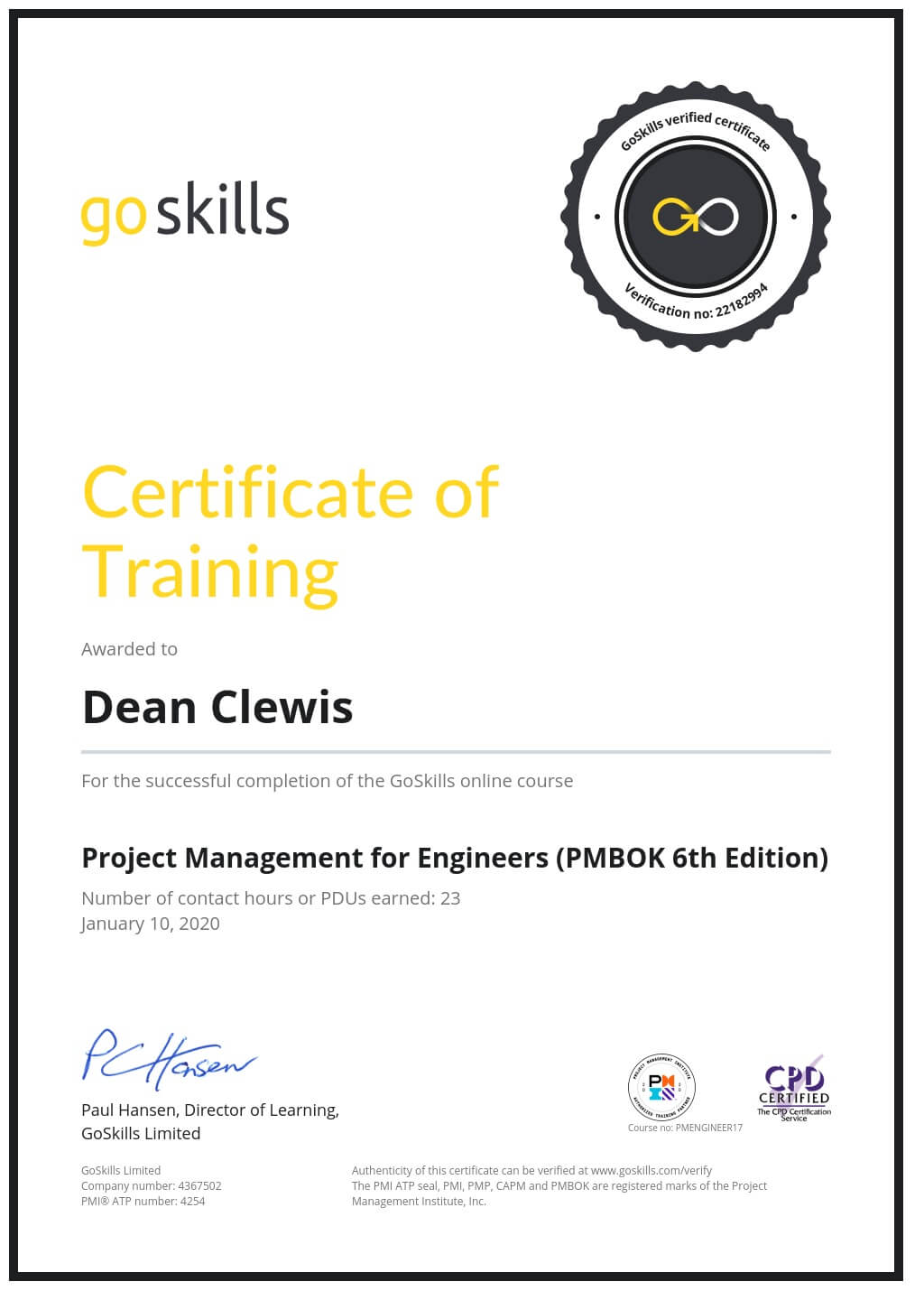 Certificate of Training