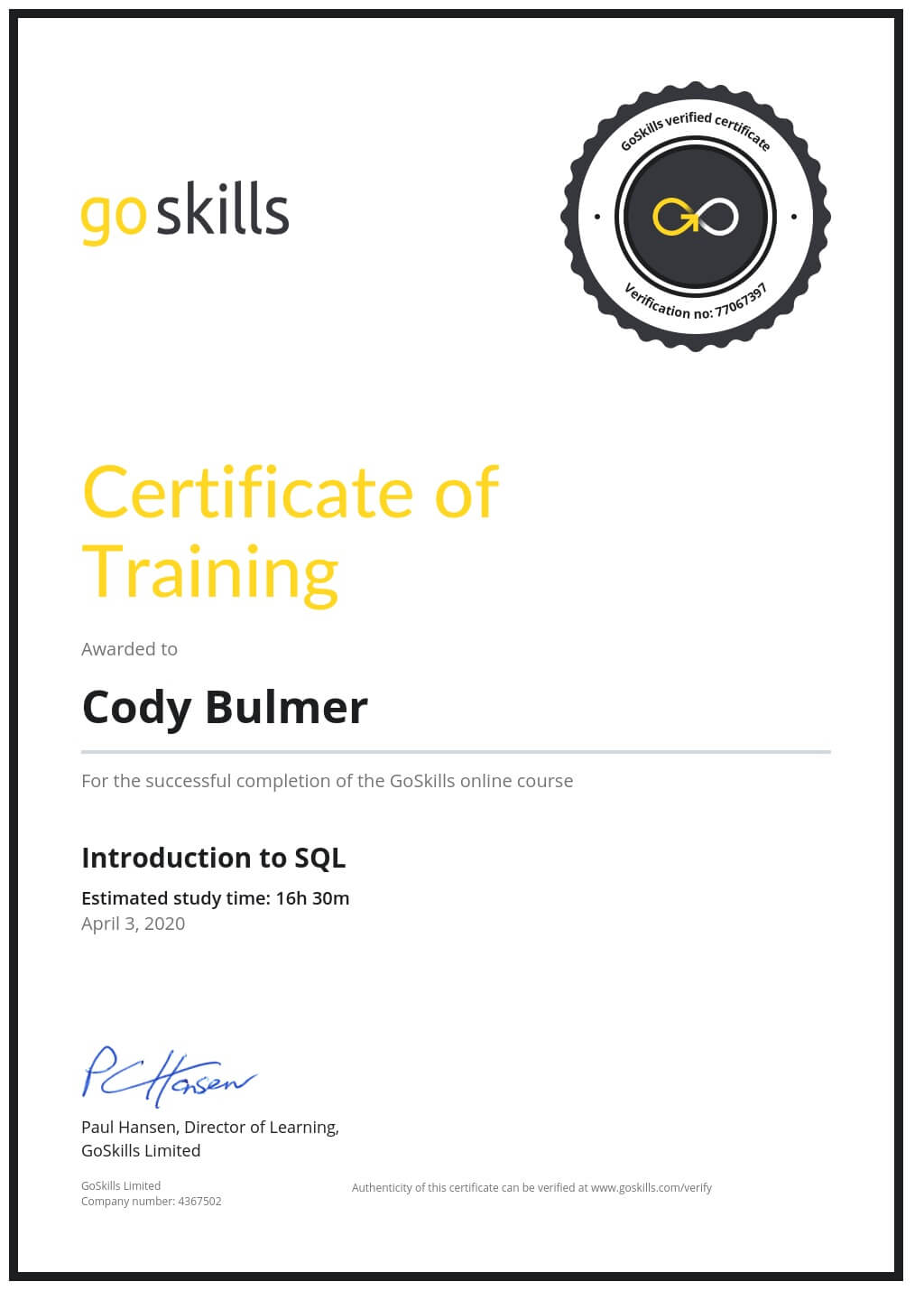 Certificate of Training