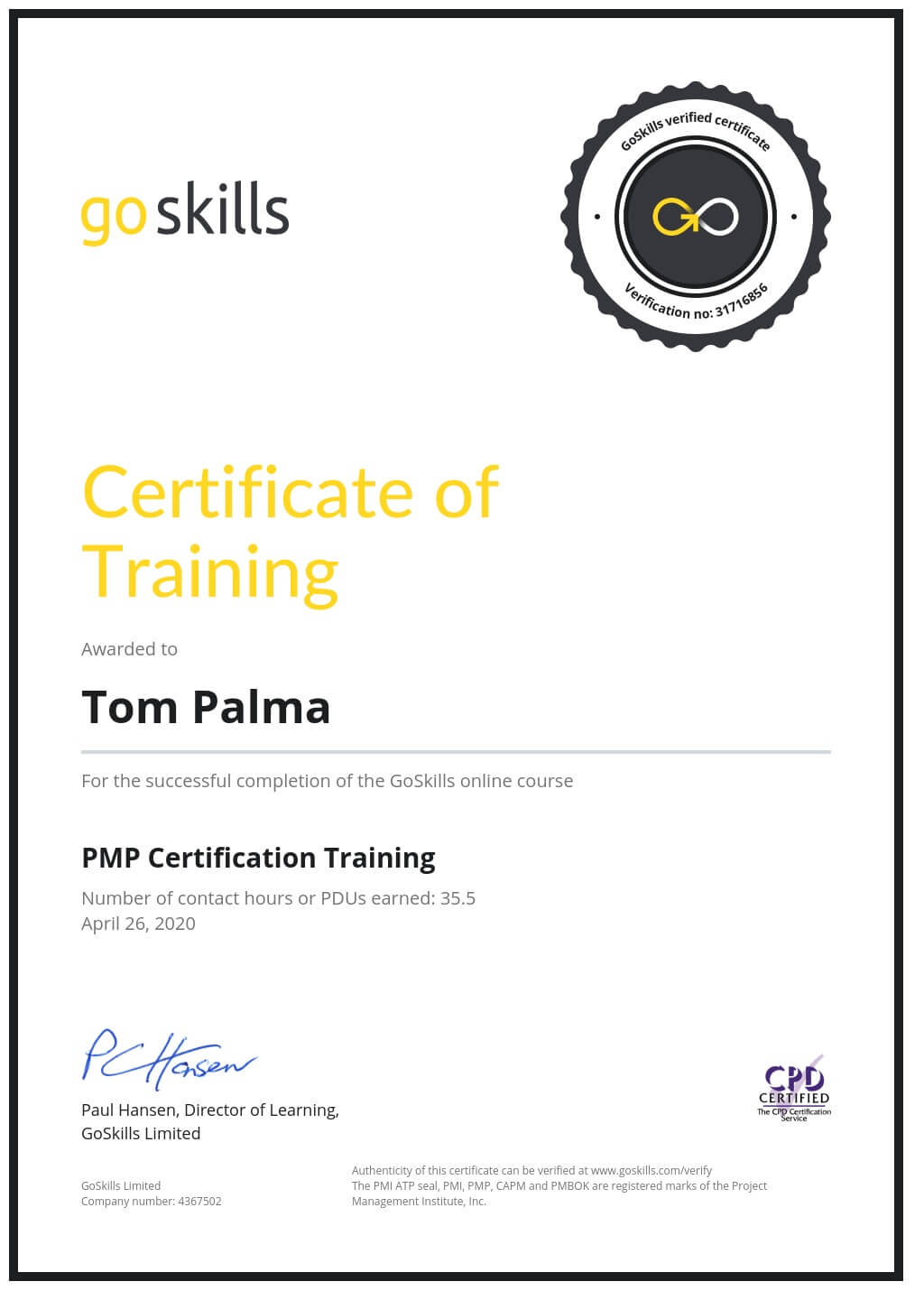 Certificate of Training