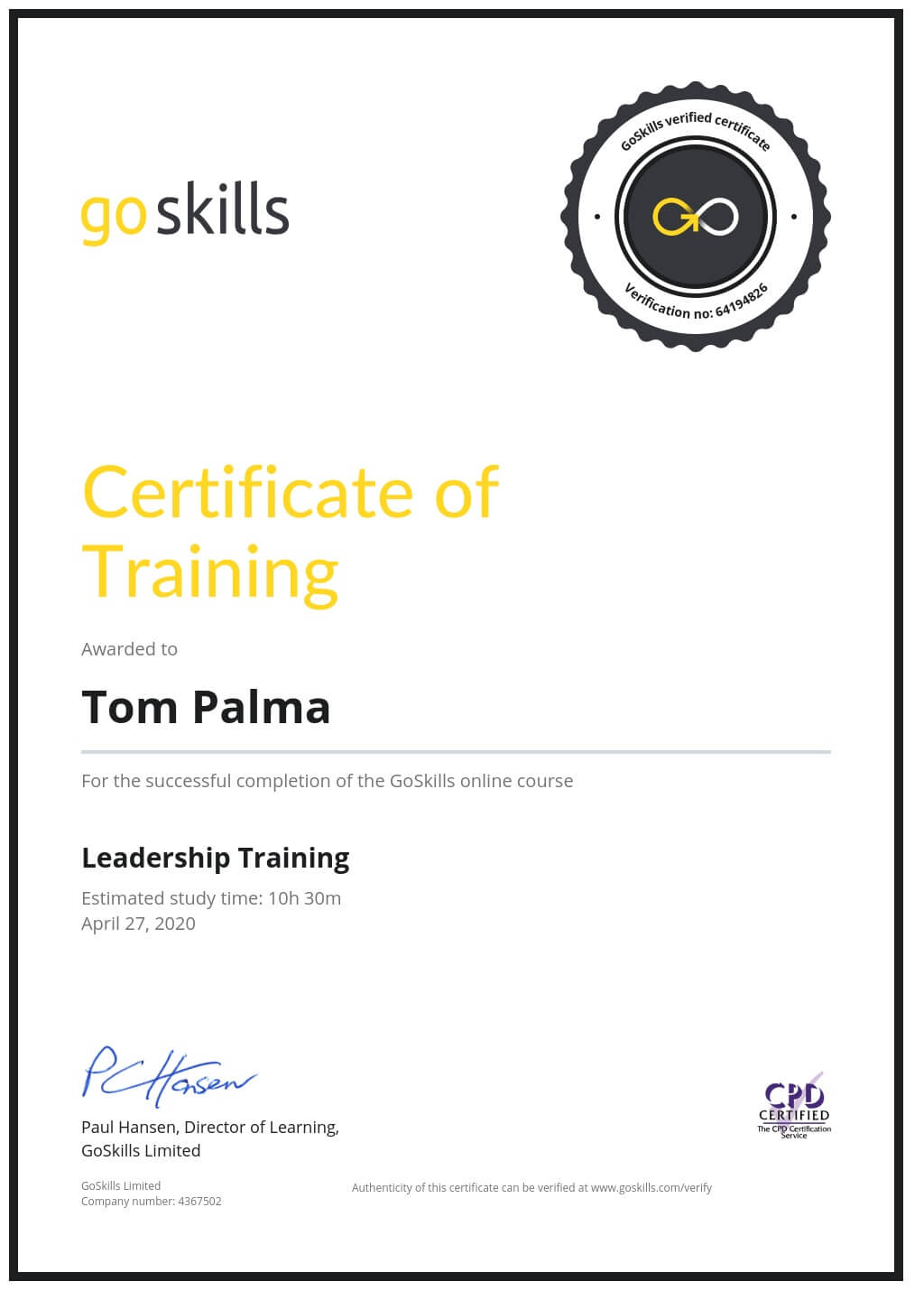 Certificate of Training