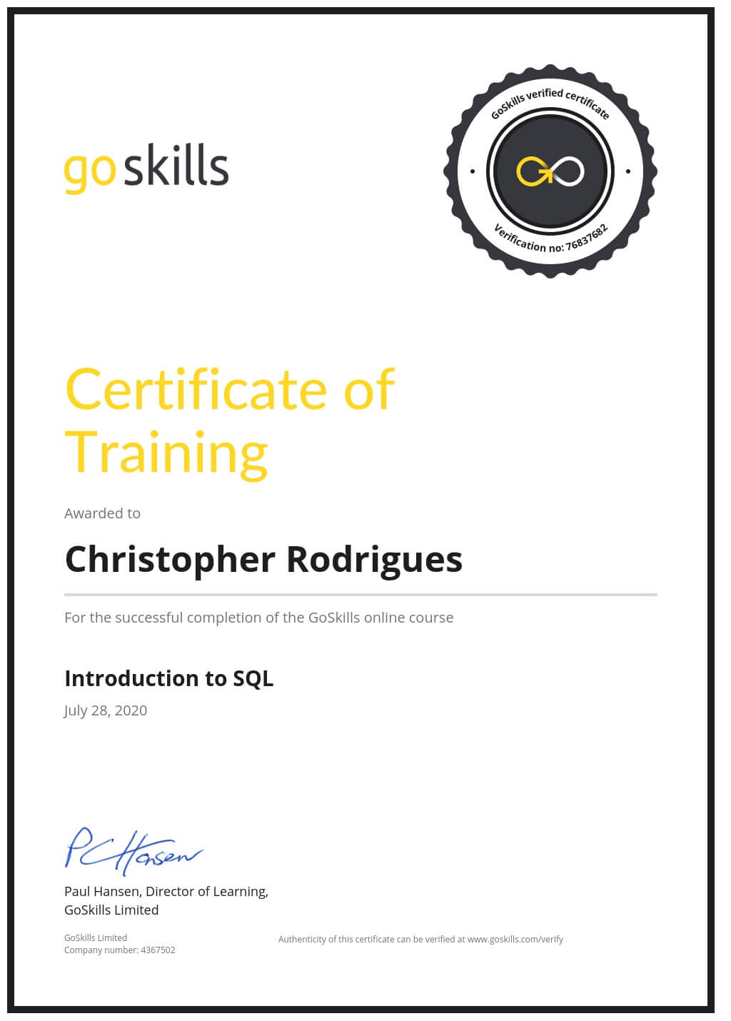 Certificate of Training