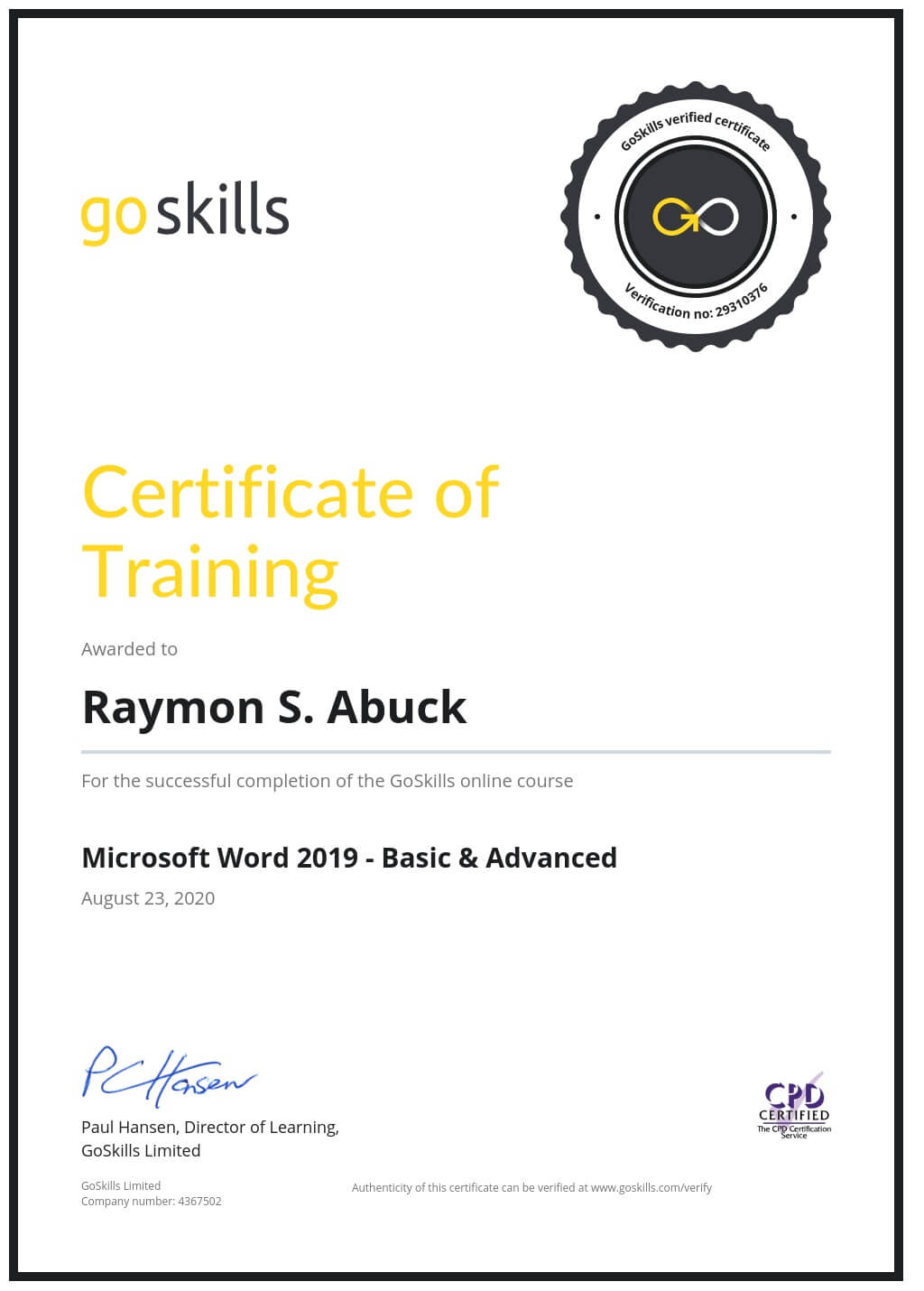 Certificate of Training